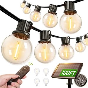 Addlon 100FT Solar String Lights Outdoor – G40 Waterproof Shatterproof Bulbs with Remote, Dimmable Modes & Timer for Backyard, Patio, and Parties