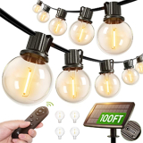 Addlon 100FT Solar String Lights Outdoor – G40 Waterproof Shatterproof Bulbs with Remote, Dimmable Modes & Timer for Backyard, Patio, and Parties